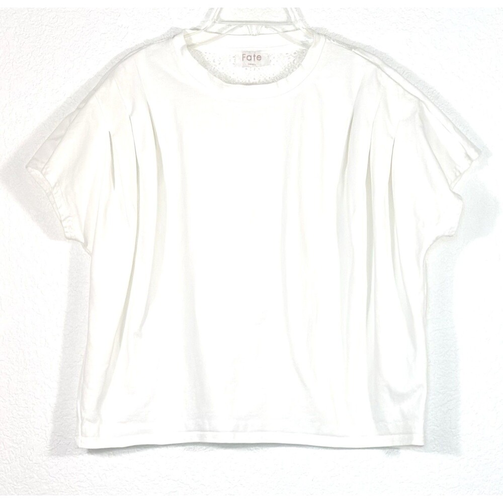 Fate Women White Lace Yoke Back Short Sleeve Top Blouse Size Small Pleated